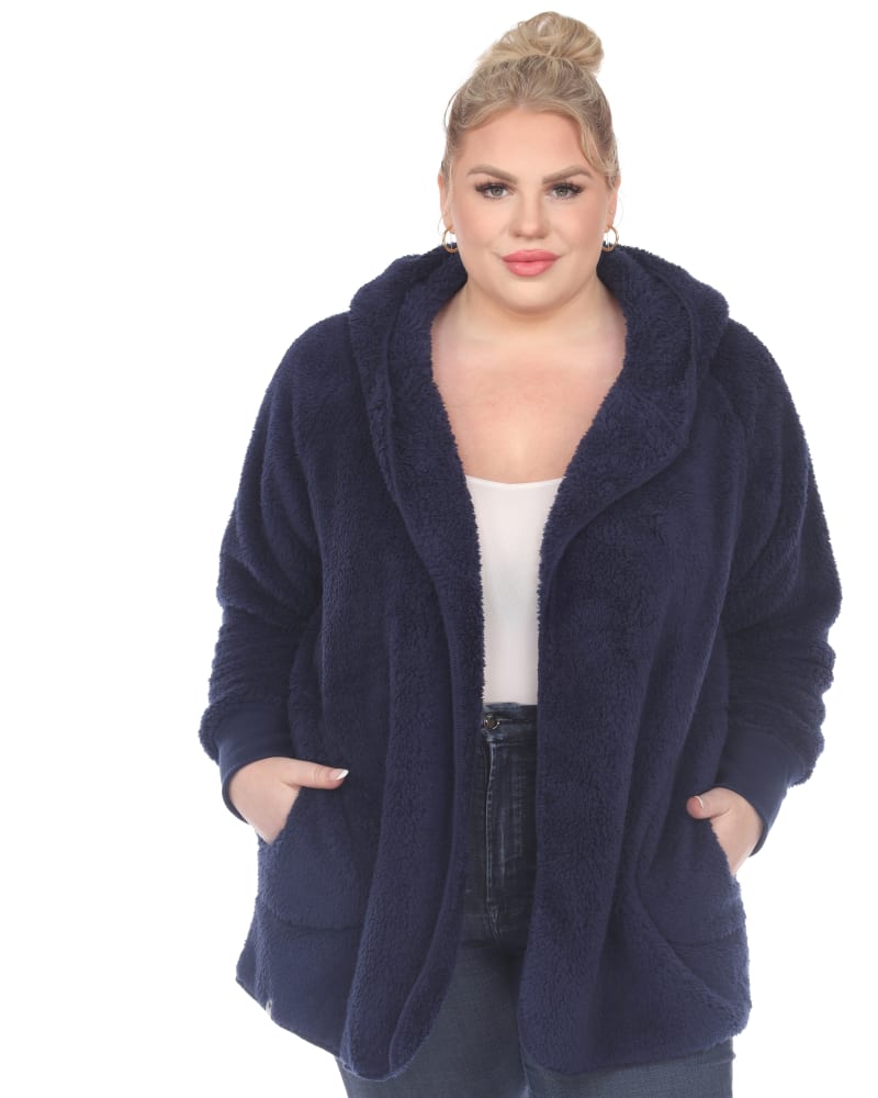 Plush Hooded Cardigan with Pockets Navy